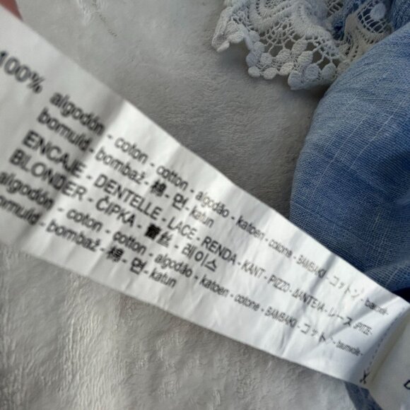 Zara Woman Chambray Lace Sleeveless Tank Top Blouse XS Blue/White Tasseled New - Picture 4 of 7